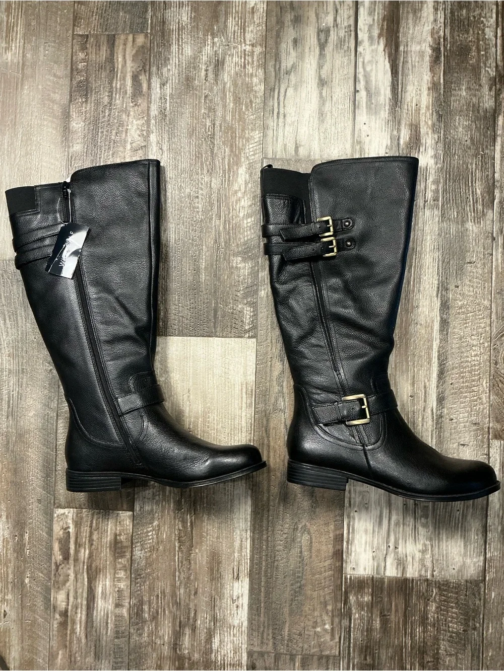 Naturalizer Black Leather Knee High Buckle Boot Size 8.5W Wide Calf